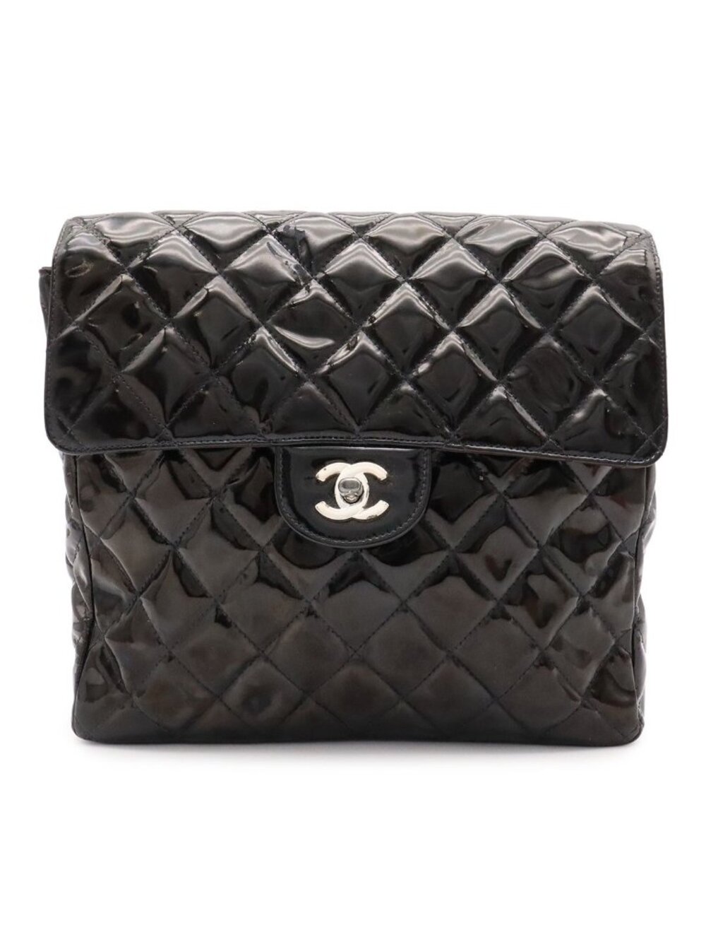 Chanel Quilted CC Logo Backpack Enamel Patent Leather Black Silver